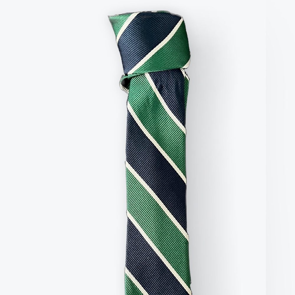 Uniqlo 100% silk necktie - navy, white, green stripes.